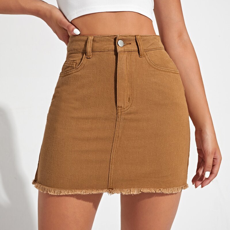 

Raw Hem Slant Pocket Denim Skirt, Brown