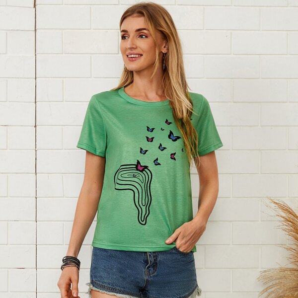 

Butterfly Print Short Sleeve Tee, Green