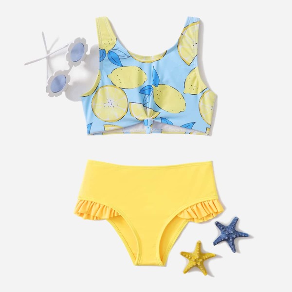 

Toddler Girls Lemon Print Knot Hem Bikini Swimsuit, Blue