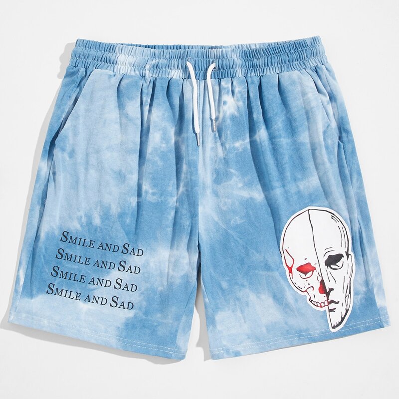 

Guys Letter Skull Graphic Tie Dye Shorts, Blue and white