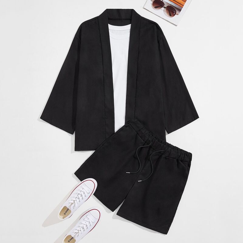 

Guys Solid Open Front Kimono & Drawstring Shorts, Black