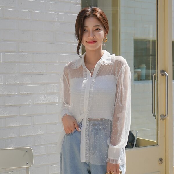 

Dobby Mesh Sheer Blouse Without Bandeau, White