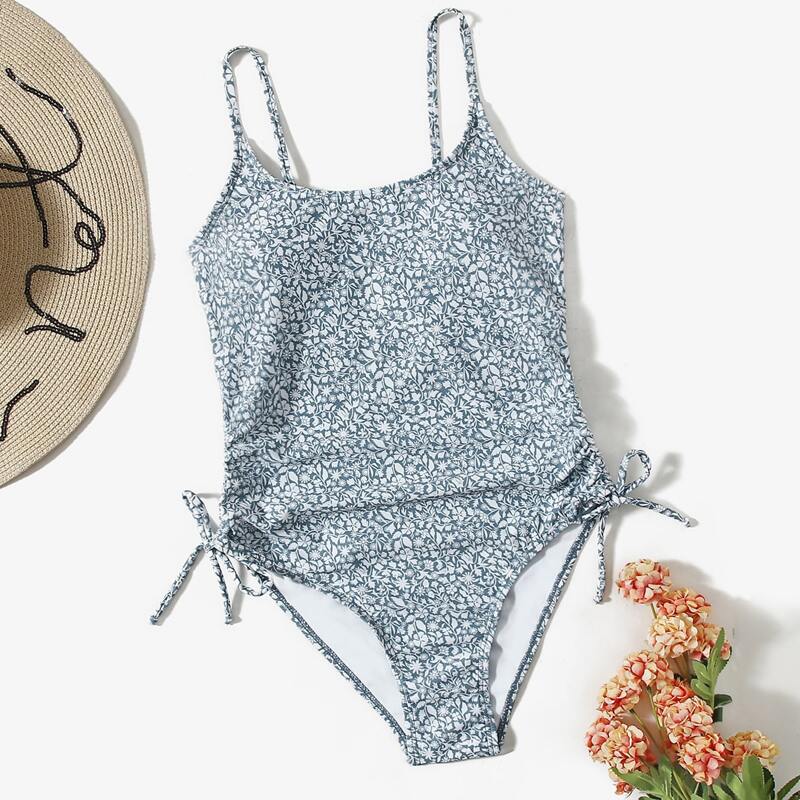 

Ditsy Floral Drawstring One Piece Swimsuit, Multicolor