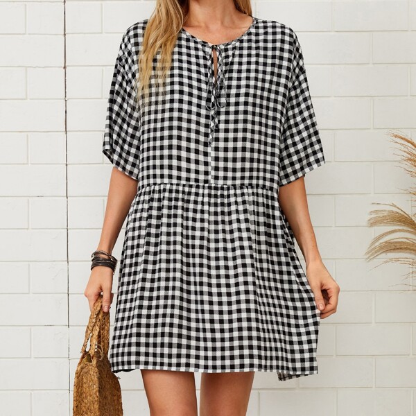 

Tie Neck Gingham Smock Dress, Black and white
