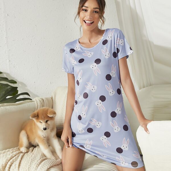

Cartoon Rabbit & Polka Dot Night Dress, Baby blue