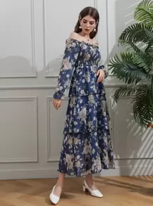 Modelyn Đầm phân lớp Dải chun Hoa Thanh lịch - Màu xanh bụi bặm - Xem 4