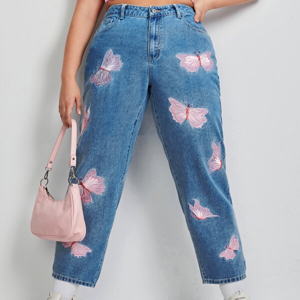 

Plus High Waist Butterfly Embroidery Jeans, Medium wash