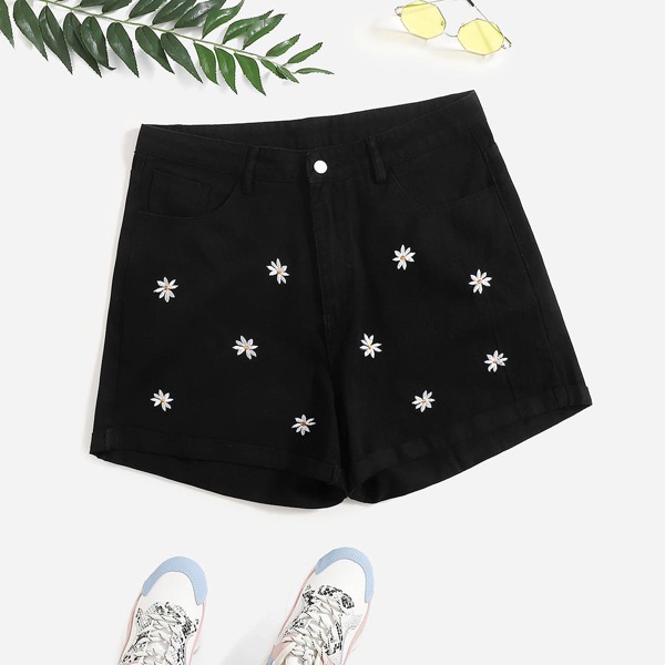 

Plus High Waist Embroidery Denim Shorts, Black