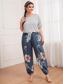 Plus Floral Print Bow Pyjama Set - Multicolor - View 1