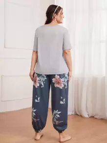 Plus Floral Print Bow Pyjama Set - Multicolor - View 2