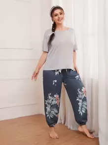 Plus Floral Print Bow Pyjama Set - Multicolor - View 4