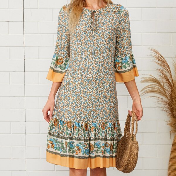 

Tie Neck Allover Floral Dress, Multicolor