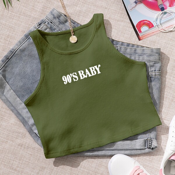 

Letter Graphic Rib-knit Tank Top, Mint green