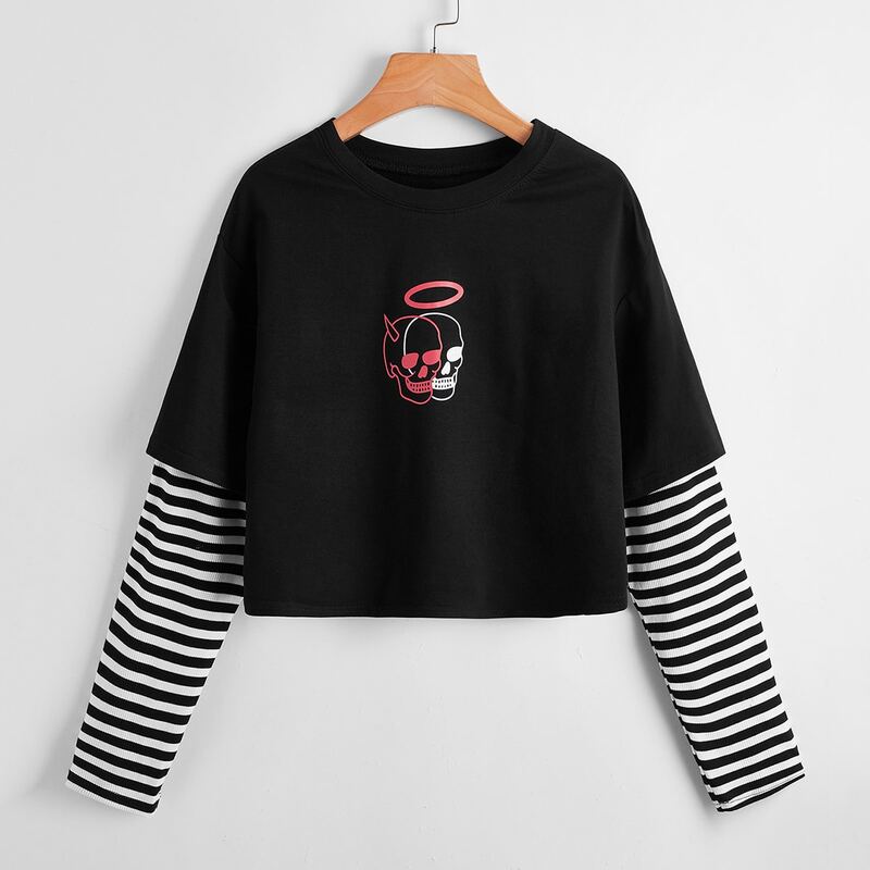 

Skeleton & Striped Print 2 In 1 Crop Tee, Black