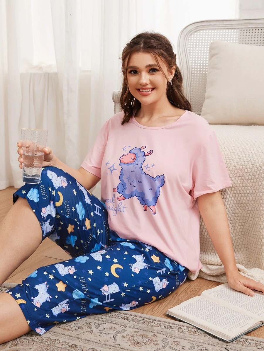 Conjunto de pijama con estampado de letra y dibujos animados - Multicolor - Ver 1