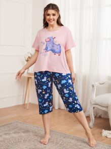 Conjunto de pijama con estampado de letra y dibujos animados - Multicolor - Ver 3