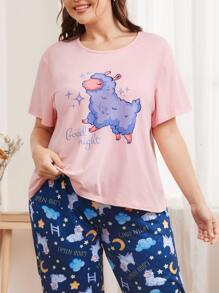 Conjunto de pijama con estampado de letra y dibujos animados - Multicolor - Ver 4