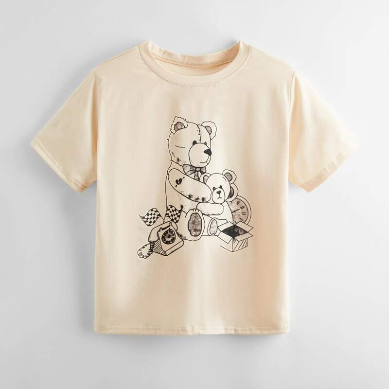 Cartoon Bear Graphic Tee, Beige