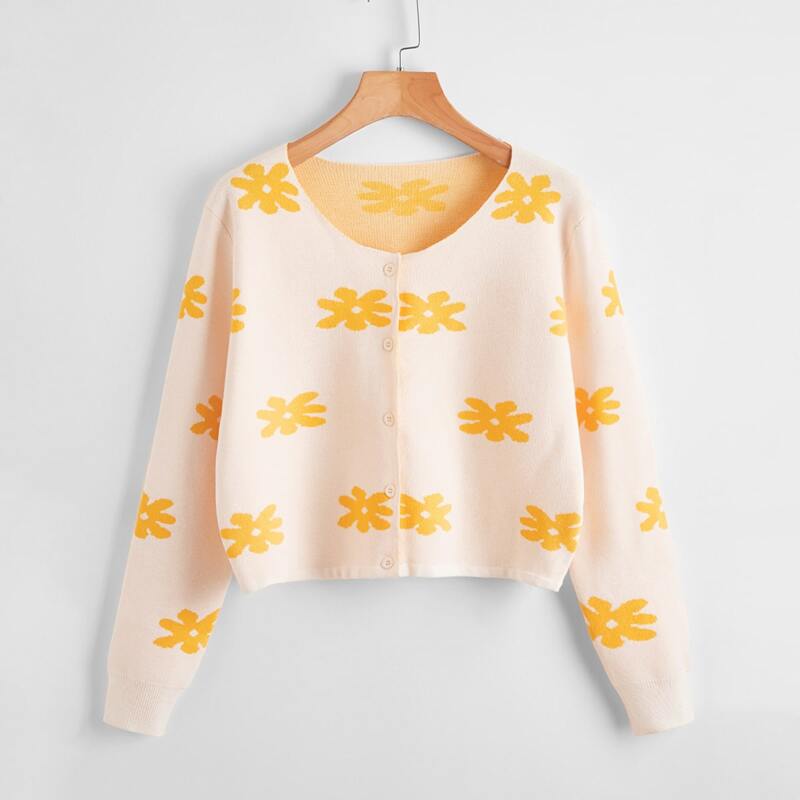 

Floral Pattern Button Front Cardigan, Yellow
