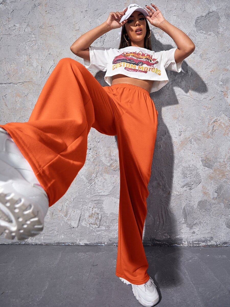 SHEIN Unity Solid Wide Leg Sweatpants - Orange - View 1