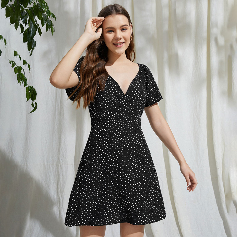 

Polka Dot Butterfly Sleeve A Line Dress, Black