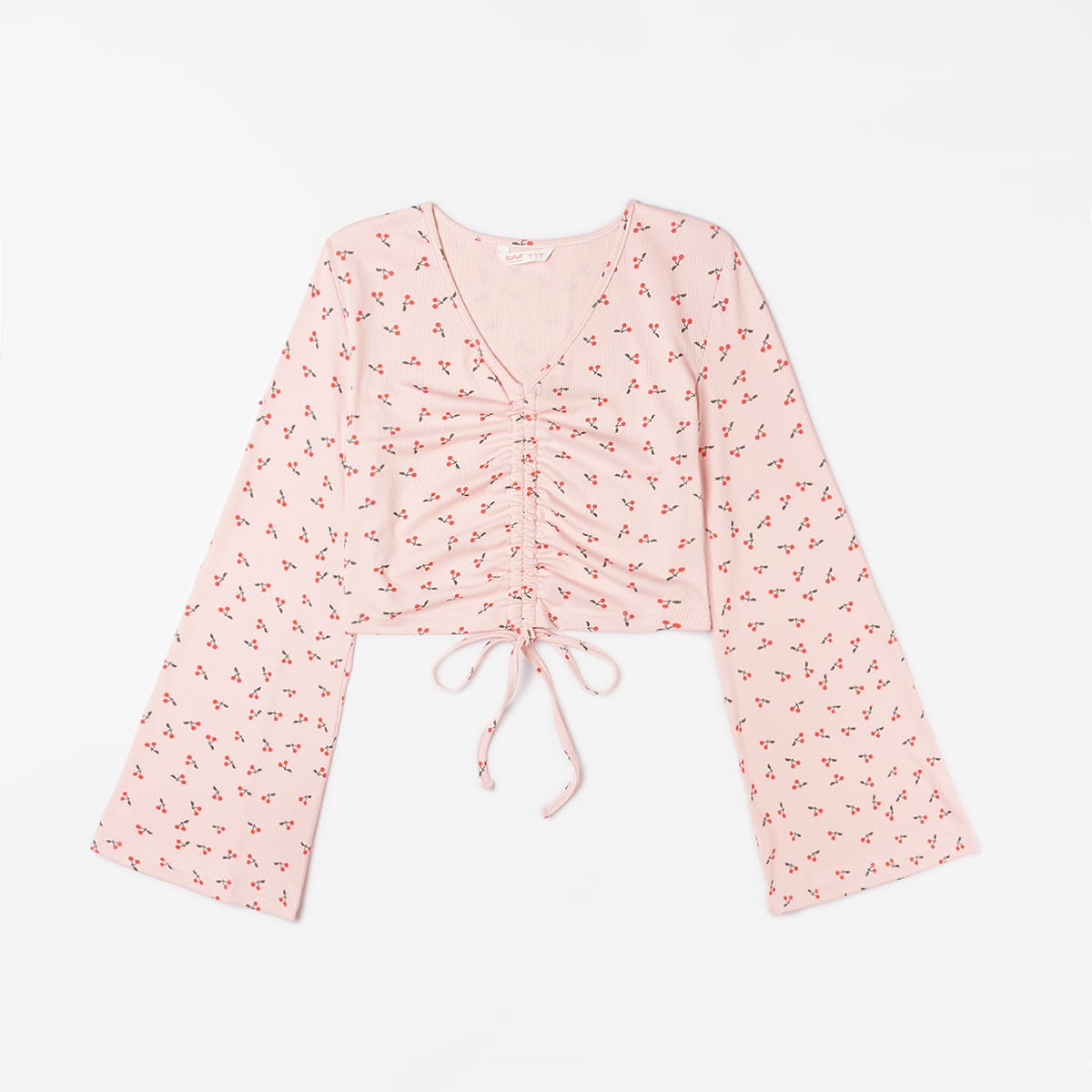 

Cherry Print Drawstring Ruched Tee, Baby pink