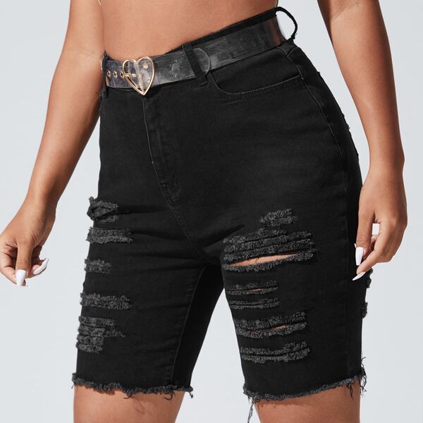 

Plus Ripped Raw Hem Denim Shorts, Black