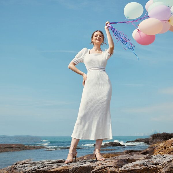 

Puff Sleeve Contrast Tape High Waist Dress, White