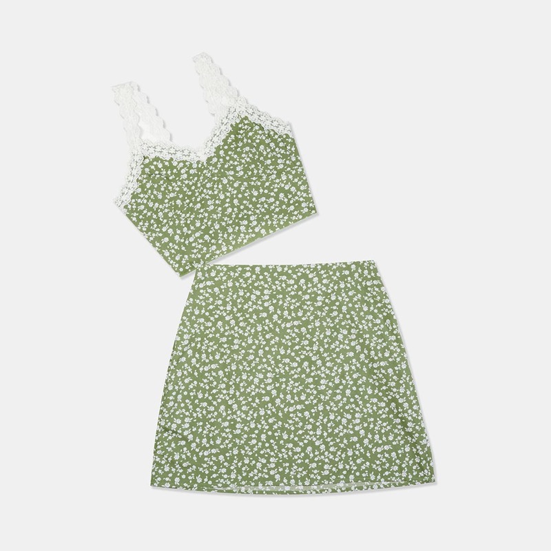 

Ditsy Floral Contrast Lace Shirred Cami & Skirt, Lime green