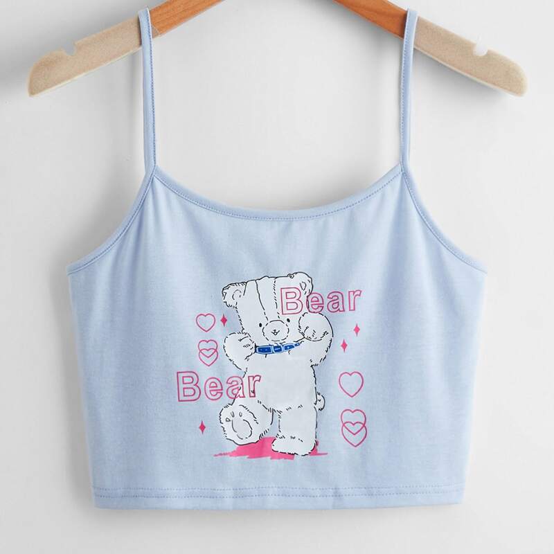 

Cartoon Bear Graphic Crop Cami, Baby blue