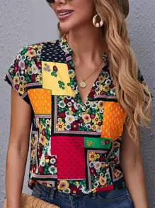 EMERY ROSE Top de cuello notch con retazo - Multicolor - Ver 1