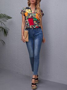 EMERY ROSE Top de cuello notch con retazo - Multicolor - Ver 4