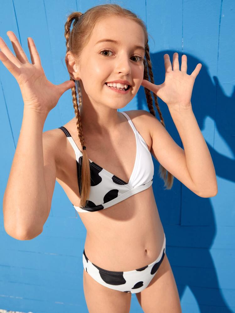 Tween Girl Cow Print Triangle Bikini Set Summer Beach - Black and White - View 3