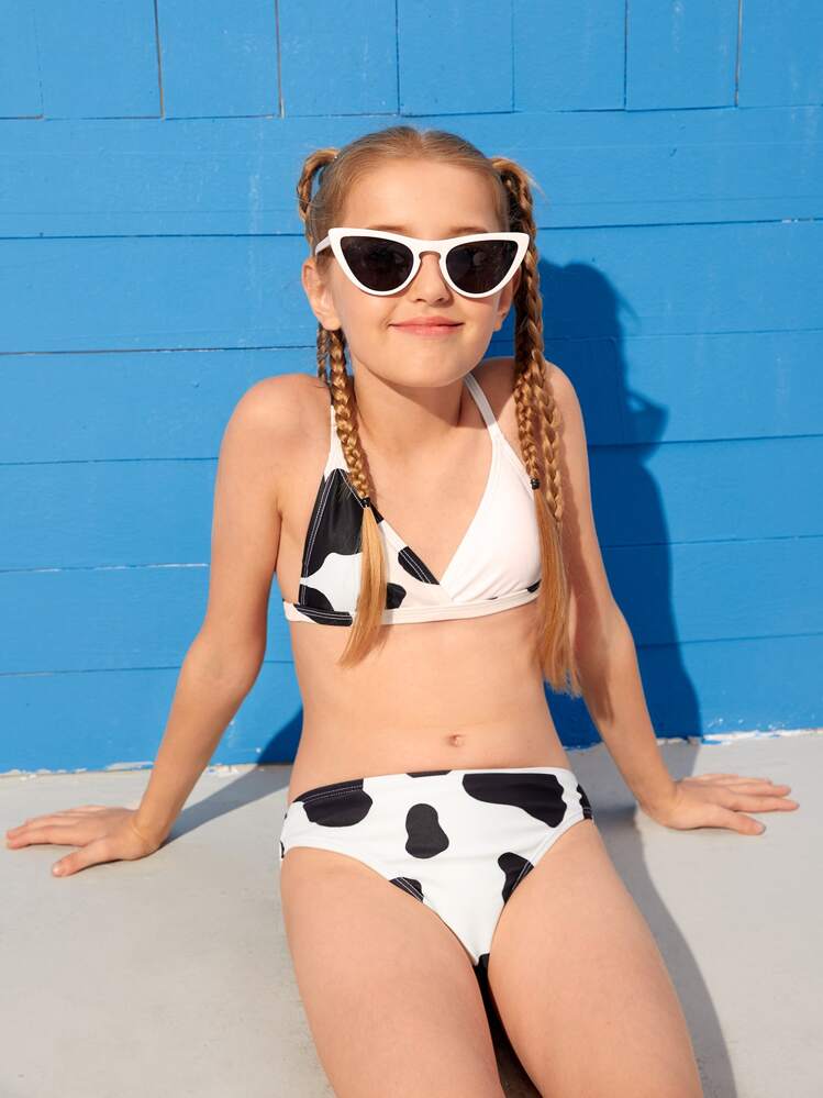 Tween Girl Cow Print Triangle Bikini Set Summer Beach - Black and White - View 4