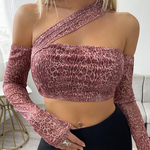 

Snakeskin Print Asymmetrical Shoulder Top, Multicolor