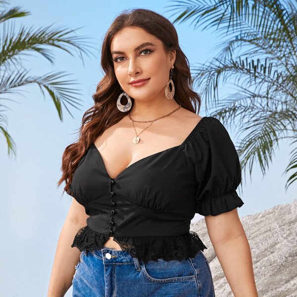 

Plus Contrast Lace Hem Sweetheart Blouse, Black