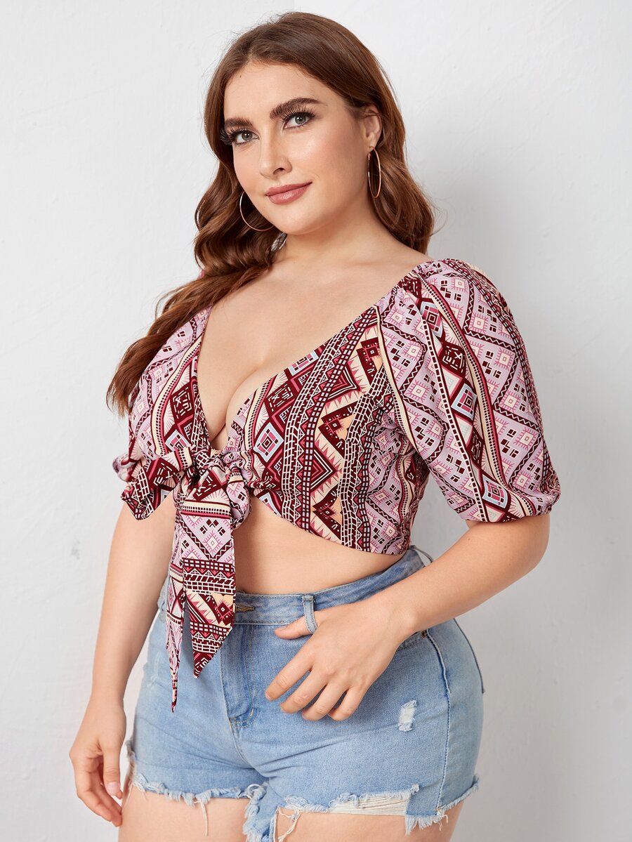 Plus Tie Front Geo Print Top - Multicolor - View 1