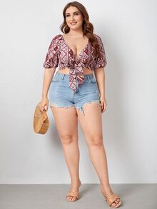 Plus Tie Front Geo Print Top - Multicolor - View 3