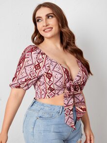 Plus Tie Front Geo Print Top - Multicolor - View 4