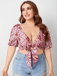 Plus Tie Front Geo Print Top - Multicolor - View 5