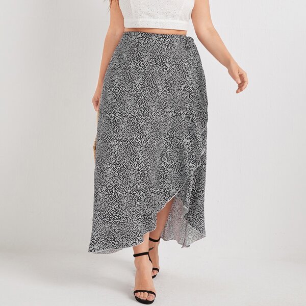 

Plus Polka Dot Wrap Skirt, Black and white