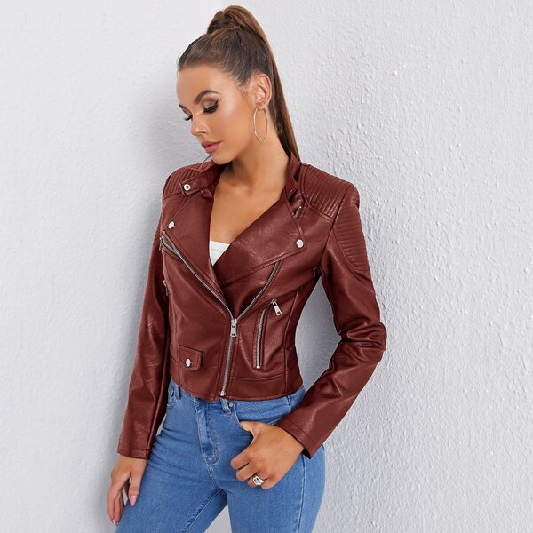 

Zipper Front PU Moto Jacket, Burgundy