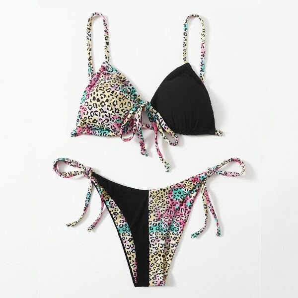 

Leopard Tie Side Bikini Swimsuit, Multicolor