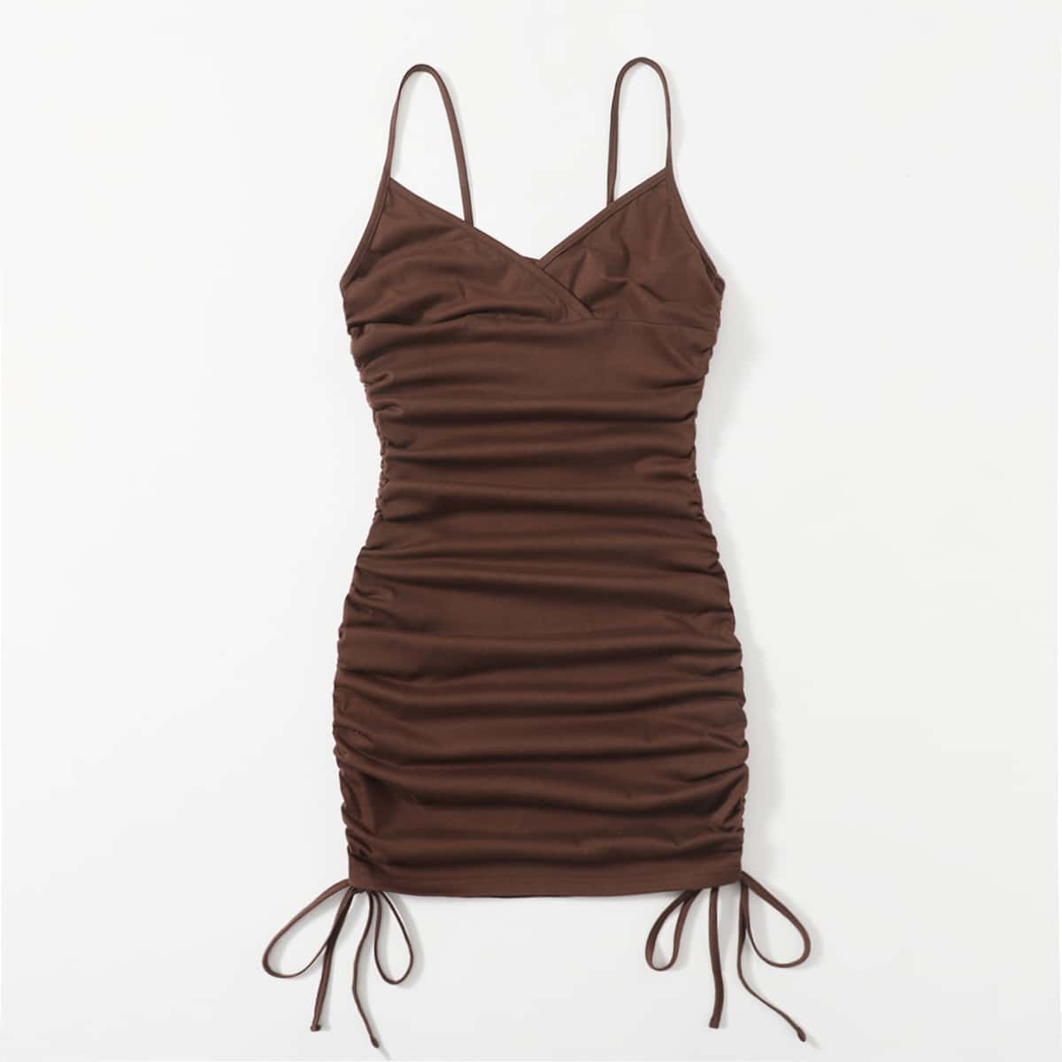 

Solid Drawstring Ruched Bodycon Dress, Chocolate brown