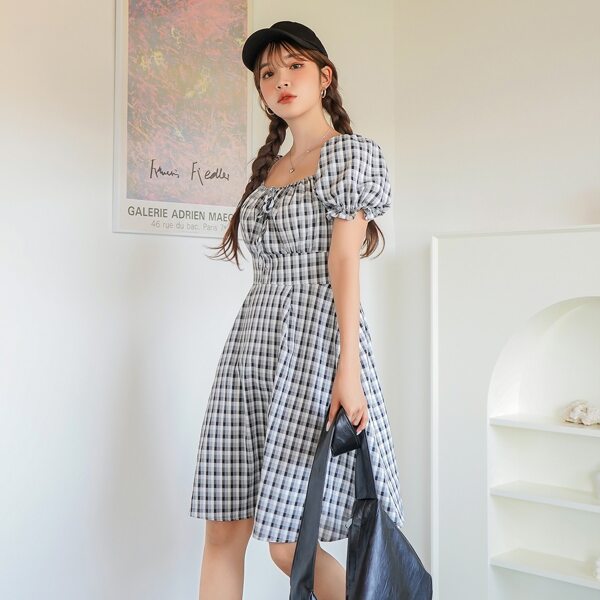 

Gingham Knot Front Milkmaid Dress, Black and white