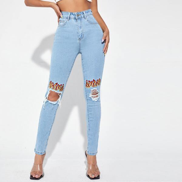 

High Waist High Stretch Embroidered Flame Distressed Jeans, Light wash