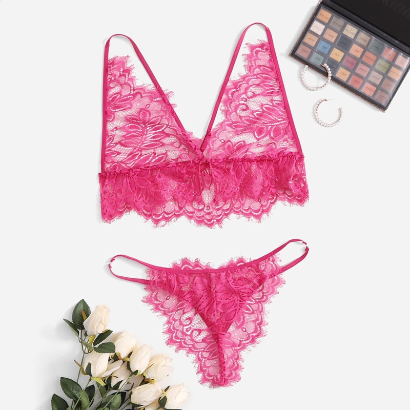 

Plus Floral Lace Lingerie Set, Hot pink
