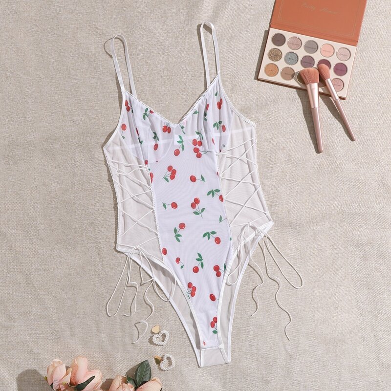 

Plus Cherry Print Lace-up Teddy Bodysuit, White