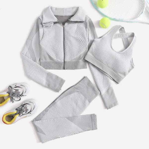 

3pcs Seamless Sports Bra & Zip Up Jacket & Leggings, Grey