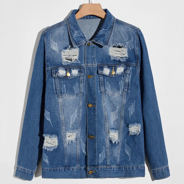 

Men Flap Pocket Ripped Denim Jacket, Medium wash